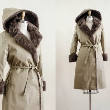 London Fog trench coat | 70s 80s vintage beige tan waxed canvas waterproof faux fur hooded belted heavy warm winter coat parka 