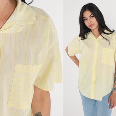 Yellow Striped Blouse 80s Button up Top Short Sleeve Shirt Dot Print Retro Preppy Casual Light Summer Button Back Vintage 1980s Medium M 