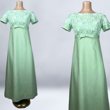 VINTAGE 60s Sage Green Shantung and Lace Formal Maxi Cocktail Dress | 1960s Prom Party Gown | Bridgerton Style | VFG 