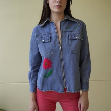 1970's Denim Jacket / Embroidered Floral Mushroom and Palm Tree Denim Jacket / Stage wear / Small Denim Jacket / Denim Shirt Wide Collar 
