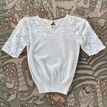 1950s Short Sleeve Sweater with Lace Details - Size S/M/L