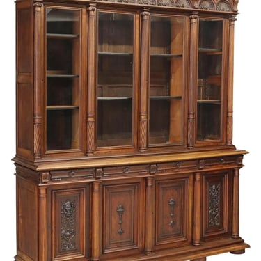 Antique Bookcase, Large French Renaissance Revival, Walnut, Carved, 1800s!!