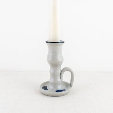 Vintage Handmade Pottery Candlestick Holder with Fingerhold Handle, Light Gray and Blue Decor, Pottery Chamberstick 