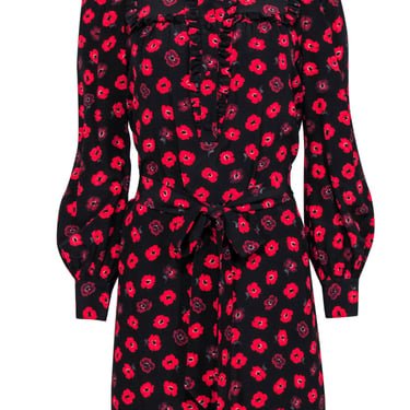 Kate Spade - Black & Red Floral Print Belted Shift Dress Sz S