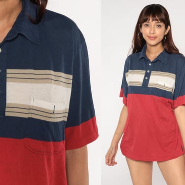 Striped Polo Shirt 90s Navy Blue Red Color Block Collared Shirt Short Sleeve Pocket Retro Preppy Streetwear Tan Vintage 1990s Mens Large L 