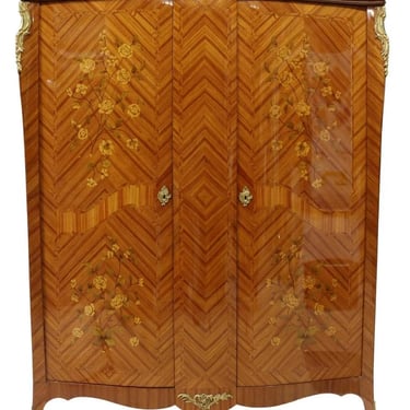 Armoire, French Louis XV Style Floral Inlaid Marquetry, Gilt, Shelves, Drawers!!