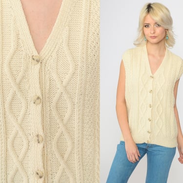 Cream Sweater Vest 70s Cable Knit Top V Neck Wool Blend Button up Sleeveless Sweater Retro Preppy Bohemian Hippie Vintage 1970s Small Medium 