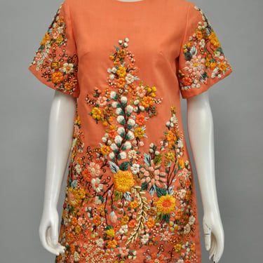 vintage 1960s mod orange dress w/ raffia flowers S/M 