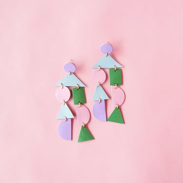 Geometric Mosaic Earrings in Multicolour Pastel - Reclaimed Leather Maximalist Statement Earrings 