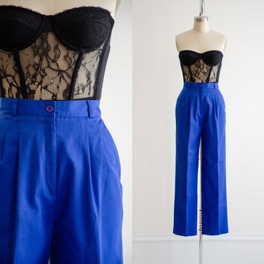 high waisted pants | 80s vintage Neil Martin blue cotton pleated straight leg trousers 