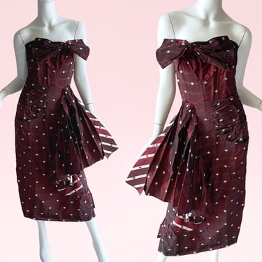 1940s Vintage Silk Metallic Wiggle Cocktail Dress, Pleated Fan Bow Hollywood Glamour XS 