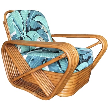 Restored Rattan Six-Strand Square Pretzel Lounge Chair Paul Frankl Style, Beverly Palms Cushions 