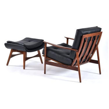 Jean Gillon Jangada Leather and Rosewood Sling Chair with Ottoman 