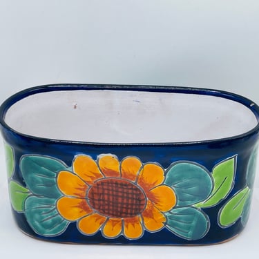 Vintage ceramic Hand Painted Blue and Yellow Sunflower floral  design Planter - MEXICO Perfect for display- 9 3/4