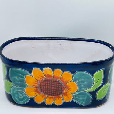 Vintage ceramic Hand Painted Blue and Yellow Sunflower floral  design Planter - MEXICO Perfect for display- 9 3/4" 