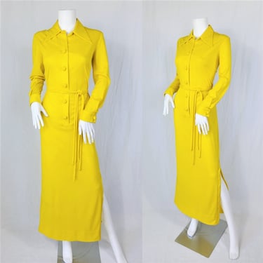 1970's Chartreuse Yellow Long Asian Style Tunic Maxi Dress I Sz Med I Serbin Of Miami by Muriel Ryan 