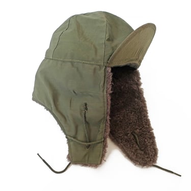 vintage ear flap hat / field cap / 1950s US Army M51 MQ-1 OD Pile Field Cap Hat Ear Flap 7 1/4 