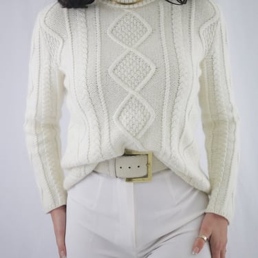 Vintage Ivory Cotton + Angora Turtleneck Sweater (S/M) 