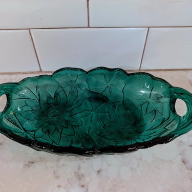 Vintage MCM Indiana Glass Emerald Green Sunflower Dish Home Decor Candy Dish Trinket Dish Decorative Bowl 