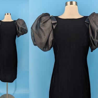 Eighties Rimini Black Velvet Sheath Dress with Big Puffy Sleeves - 80s Small Black Dress with Round Sleeves 