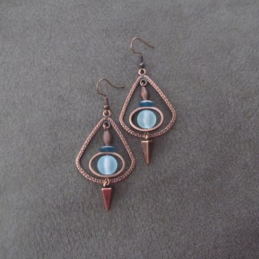 Copper teardrop hoop earrings, modern earrings, frosted glass earrings, industrial earrings, hippie statement unique southwest, ice blue 