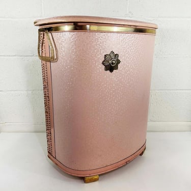 Vintage Mid-Century Pearl Wick Pink Laundry Hamper Gold Lucite Handles Basket Storage Bathroom Nursery 1950s 50s - DMV Local/uShip Delivery 