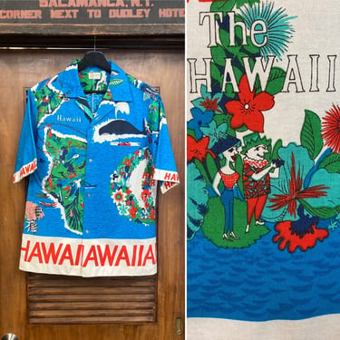 Vintage 1960’s Mod Tiki Hawaiian Airlines Cartoon Pop Art Cotton Hawaiian Shirt, Border Print, Rare, 60’s Vintage Clothing 