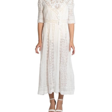 Edwardian White Cotton & Lace Tea Dress With 3-D Flowers 