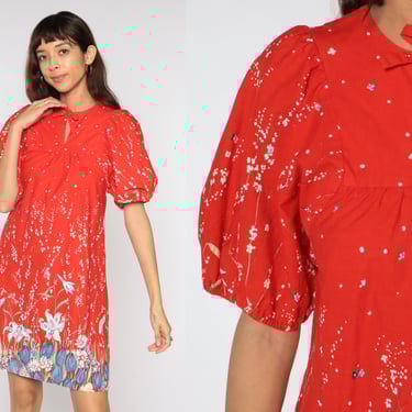 70s Floral Dress Red Puff Sleeve Dress Mini Flower Print Mini Dress Tropical Boho Hippie Dress 1980s Bohemian Vintage Short Shift Small 4 