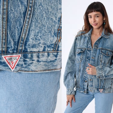 Acid Wash Guess Jacket 90s Distressed Denim Jacket Blue Jean Biker Trucker Coat Button Up Retro Rocker Festival Boho Vintage 1990s Large L 