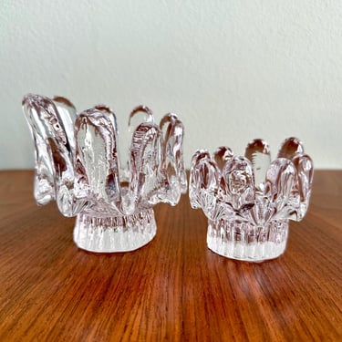 MCM Kosta Boda sunflower candleholders / clear glass handmade in Sweden / Göran Wärff midcentury Scandinavian decor 