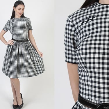 Black Gingham Knee Length Dress, Vintage 50s Checker Print, Full Skirt Rockabilly Mini 