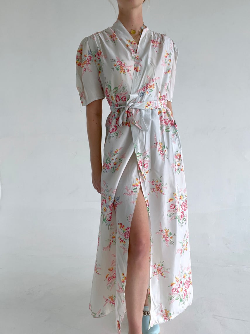 1930's Baby Blue Wrap Dress with Floral Print Eveliina Vintage