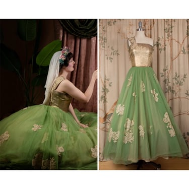1950s Dress - Fairytale 1950s Full Length Trained Ballgown in Silk Tulle and Gold Lamé with Floral Applique  AS IS 