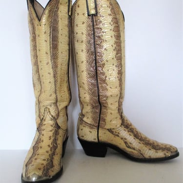 Vintage 70s Dan Post Python Knee High Cowboy Boots, Size 8M Women, knee high snakeskin cowgirl boot 