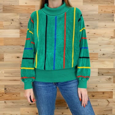 80's Soft Velour Pullover Striped Sweatshirt 
