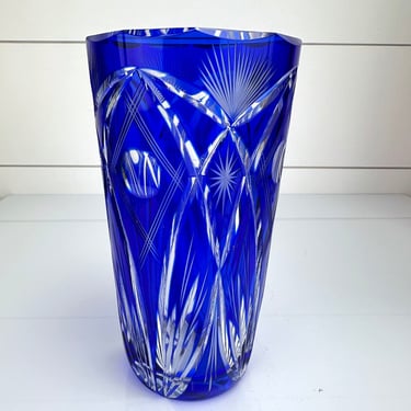 Vintage Cut to Clear Cobalt Blue Bohemian Crystal Glass Vase Thumbprint Wheat Star 
