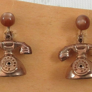 Vintage 40s 50s NOS Copper Novelty Rotary Telephone Earrings MOVEABLE with copper moonglow Celluloid screwback earrings //  pin up Sweet 