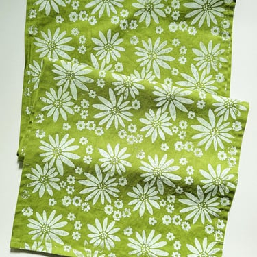 hand block printed table runner. fall floral on chartreuse green. boho decor. linen tablecloth. birthday or dinner party decor. 