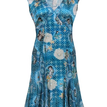 Shanghai Tang - Blue Portrait Print V-Neck Silk Dress Sz 6