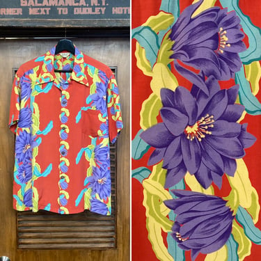 Vintage 1950’s “Kiilani” Shaheen’s Label Vertical Floral Rayon Hawaiian Shirt, 50’s Loop Collar, Vintage Clothing 