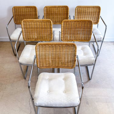 Chrome + Wicker MCM Upholstered Dining Chairs (x6)  *Message for shipping quote* 