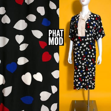 Chic Vintage 70s 80s Black Red White Blue Hearts Pattern Silk Baggy Dress by Albert Nipon 