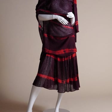 Krizia vintage semi-sheer woven linen tie-dye burgundy and red knit matching set with off the shoulder collar and low waist skirt 