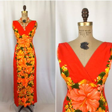 Vintage 60s dress | Vintage vivid orange floral tiki maxi dress | 1960s Hawaiian Togs dress 
