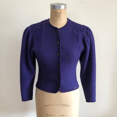 Purple Boiled Wool Cardigan Sweater with Floral Lace Details - 1980s - By Geiger 