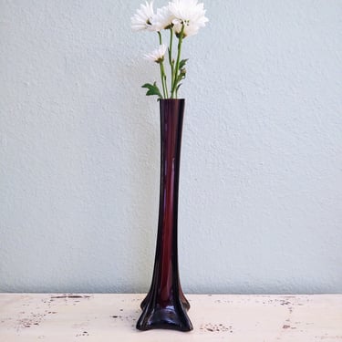 Vintage Dark Purple Brown Glass Single Flower 12" Tall Vase 