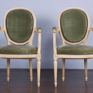 Antique French Louis XVI Style Painted Armchairs W/ Green Velvet - A Pair 