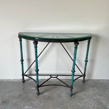 Vintage Brutalist Iron Barley Twist Demilune Console Table With Beveled Glass Top 