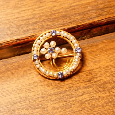 Antique 10K Gold Seed Pear Blue Gemstone Floral Circle Pin, Petite Gold Brooch, Blue Topaz/Sapphire Stones, Art Nouveau, 20mm 
